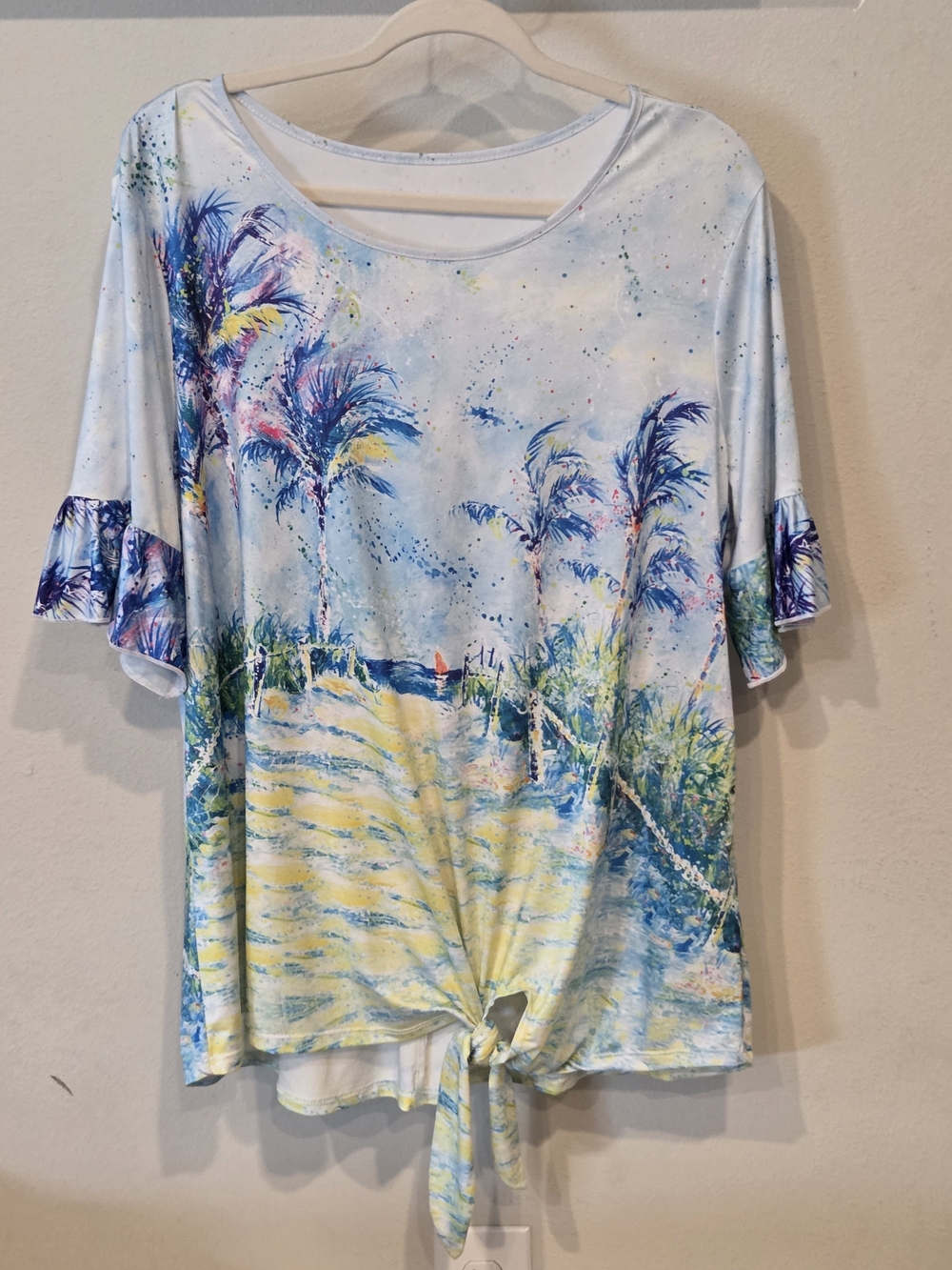 Leoma Lovegrove Tropical Palm Print Tie-Front Tunic Top - Light Blue